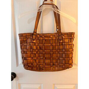 Costanza Rota Shoulder Tan Woven Distressed Leather Satchel Handbag